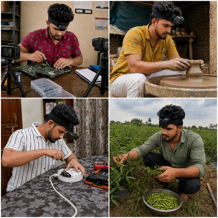 Egocentric capability collage showing first-person task capture across electronics repair, pottery, appliance repair, and agriculture
